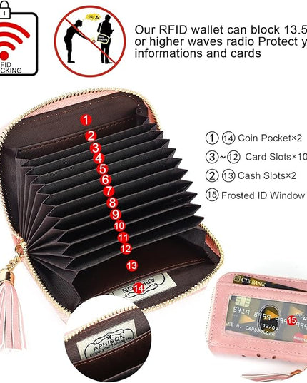 APHISON RFID Credit Card Holder Zipper Card Case Keychain Small Wallet for Women 1927 PINK