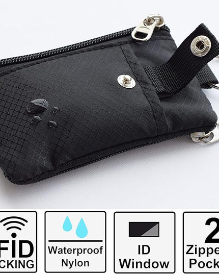 Minimalist RFID Blocking Small Wallet with ID Window,WaterResistant Zip Id Case Wallet with Lanyard Keychain for Cards,Cash,Travel,Women,Men