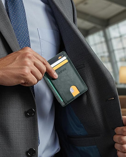 Buffway Slim Minimalist Front Pocket RFID Blocking Leather Wallets for Men and Women - Alaska Green