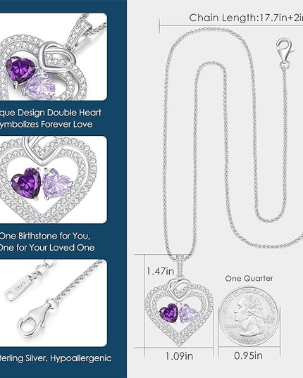 LOUISA SECRET Sparkling Double Heart Birthstone Necklaces for Women, 925 Sterling Silver Fine Jewelry, Pendant Heart Necklaces Birthday Anniversary Christmas Gift for Women Wife Mom Girlfriend Lady