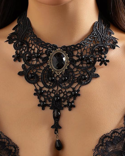 Fesciory Black Necklaces for Women, Adjustable Layered Velvet Leather Lace Collar Necklace, Goth Jewelry Gifts.