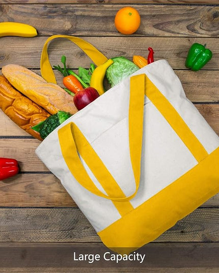 TOPDesign 1-Pack Canvas Tote Bag with an External Pocket, Reusable Grocery Shopping Bag, Top Zipper Closure, Daily Essentials (Yellow/Natural)