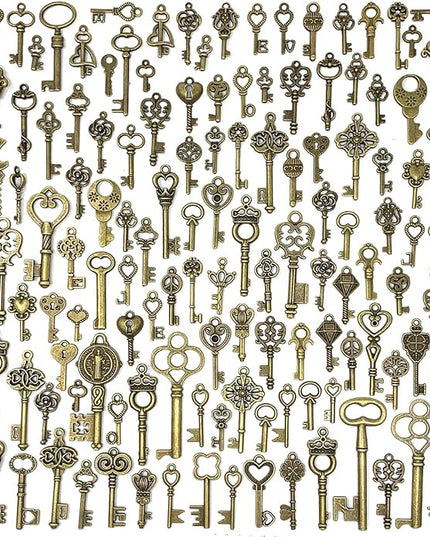125 PCS Vintage Skeleton Key Set Charms, JIALEEY Mixed Antique Style Bronze Brass for Pendant DIY Jewelry Making Wedding Party Favors