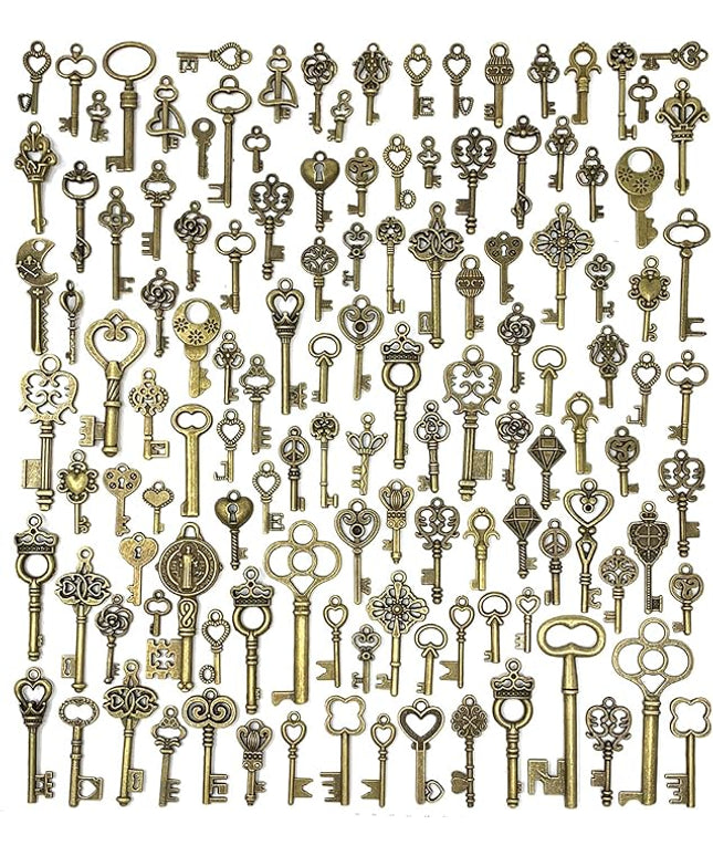 125 PCS Vintage Skeleton Key Set Charms, JIALEEY Mixed Antique Style Bronze Brass for Pendant DIY Jewelry Making Wedding Party Favors