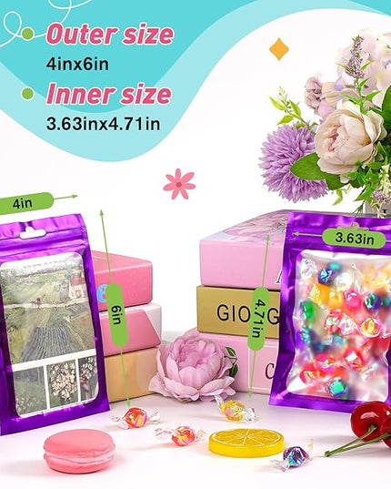 Funfery 300 Pack Smell Proof Resealable Bags for Food Storage,Mylar Clear Bags 4x6 Purple Packaging Bag- Edibles,Odorless Scent Proof Bag for Cookies, Zip Foil Pouch for Small Business