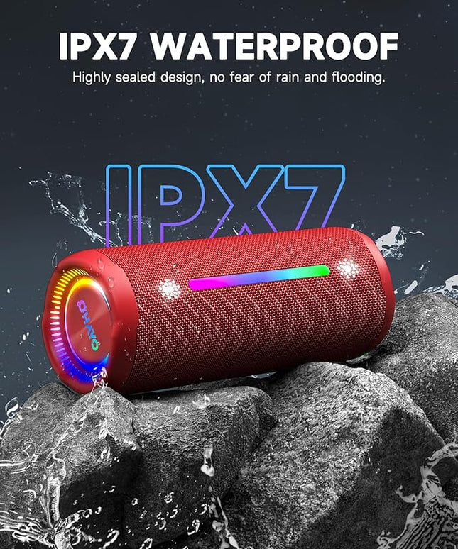 OHAYO Bluetooth Speaker, Portable Wireless, IPX7 Waterproof, Powerful 25W Sound, 24H Playtime, Dual Pairing, Active Bass, Colorful Lights, Bluetooth 5.3, Outdoor Speakers for Home/Party/Beach, Red