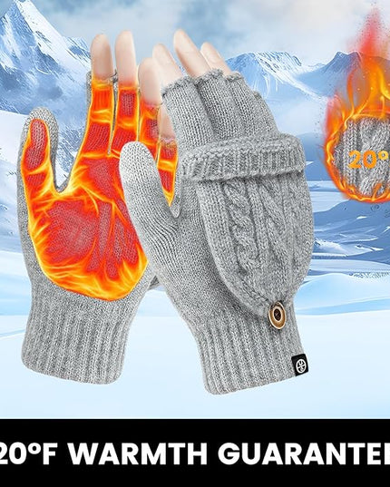 Winter Fingerless Gloves for Women Men Warm Knitted Convertible Mittens Flap Cover