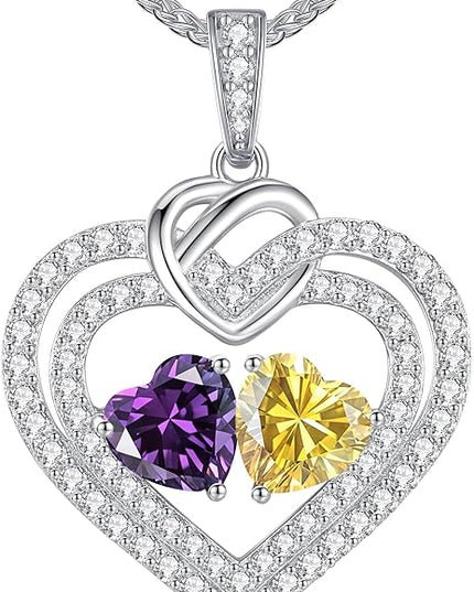 LOUISA SECRET Sparkling Double Heart Birthstone Necklaces for Women, 925 Sterling Silver Fine Jewelry, Pendant Heart Necklaces Birthday Anniversary Christmas Gift for Women Wife Mom Girlfriend Lady