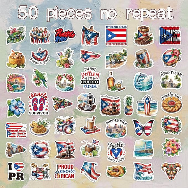 Puerto Rico Stickers for Adults- 50 Pcs Puerto Rico Travel Souvenirs Water Bottle Stickers, Flag Landmark Waterproof Scrapbook Decals, Vinyl Sticker for Laptop Journaling Guitar