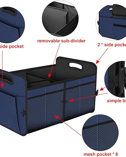 Femuar Car Trunk Organizer,Car Storage Organizer with 72L Large Capacity Waterproof Collapsible and 11 Pockets,Trunk Organizer for Car Suv/Jeep/Sedan, Large Size,Blue