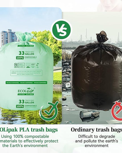 ECOLipak 33 Gallon Compostable Trash Garbage Bags, 25 Count (1 Roll) Biodegradable Heavy Duty Large Outdoor Trash Bags for Lawn/Yard, US BPI ASTM D6400 and OK Compost Home Certified