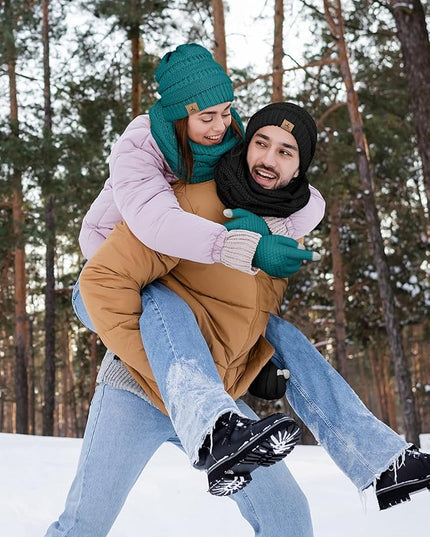 Winter Beanie Hat Scarf Gloves, Warm Fleece Knit Hats Touch Screen Gloves Neck Scarf Set Winter Gifts for Unisex Adult