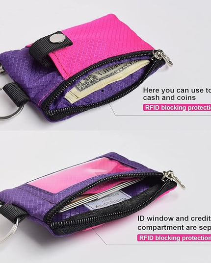 Minimalist RFID Blocking Small Wallet with ID Window,WaterResistant Zip Id Case Wallet with Lanyard Keychain for Cards,Cash,Travel,Women,Men