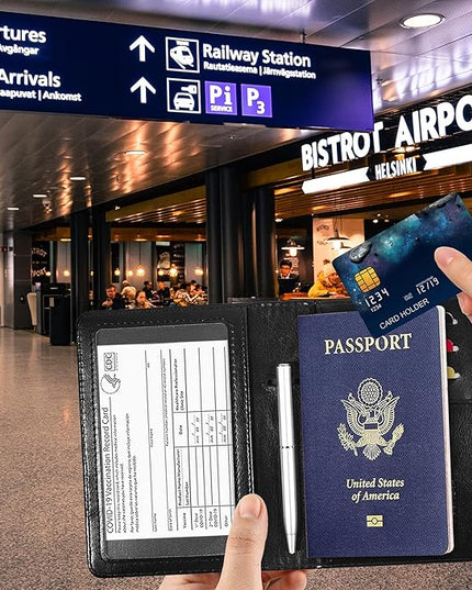 RSAquar Unisex Faux Leather Passport and Vaccine Card Holder Combo, Black, Slim and Lightweight with RFID Blocking Technology
