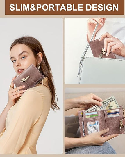 yiijay Small Wallet Women RFID Blocking Leather Bifold Wallet Credit Card Holder for Women Ladies Compact Wallet Mini Purse With Zipper Pocket