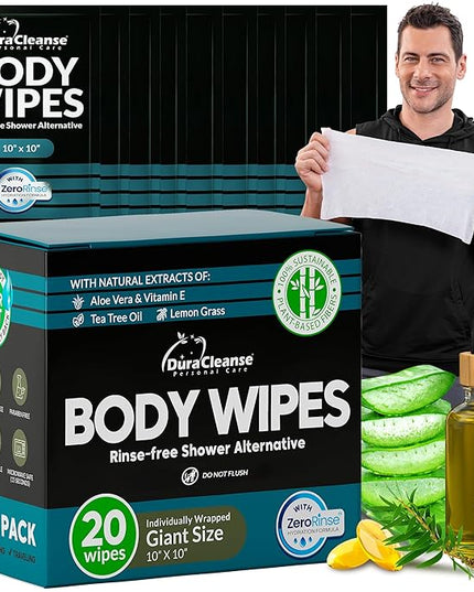 Travel Body Wipes for Men - 20 XL Shower Wipes for Adults Bathing No Rinse - Individually Wrapped 10”x10” Disposable Washcloths, Face Towels, Gym Mens Deodorant Sheets, Camping Essentials & Must Haves