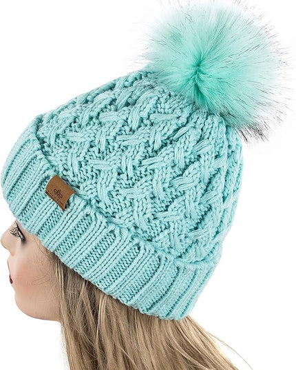 PAGE ONE Womens Winter Ribbed Beanie Crossed Cap Chunky Cable Knit Pompom Soft Warm Hat
