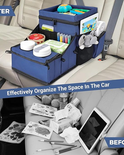 COOLBEBE Car Seat Organizer, Backseat Car Organizer with Cup Holders for Kids and Adults Travel, Cooler Compartment Passenger Seat Organizer Storage Box for Front or Middle Seat, Navy Blue