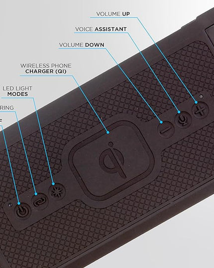 Altec Lansing Portable Bluetooth Speaker HYDRABOOM 2.0, 32W Output Power, 16Hr Playtime, Party Sync, Qi Wireless Charging, Everything-Proof, Voice Assistant Compatible - Black