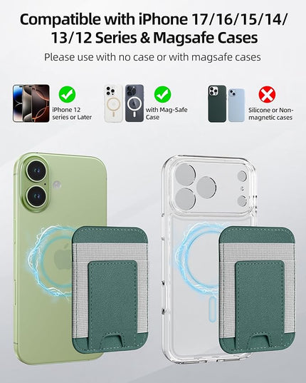 Upgraded for Magsafe Wallet, Strongest Magnetic Wallet, for iPhone Walle t Magsafe with 2 Card Slots, Magnetic Card Holder for iPhone 17/16/15/14/13/12 Series, Slim, Vegan Leather, Fit 7 Cards, Green