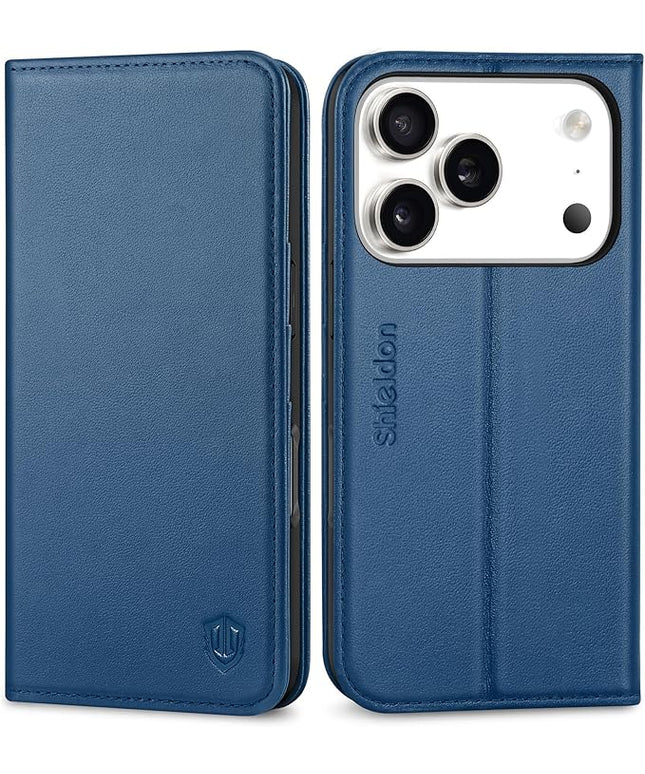 SHIELDON Real Leather Case Walllet for iPhone 17 Pro 6.3-inch 2025 | Foldable Magnetic Closure | RFID Blocking Credit Card Holder | Kickstand | Shockproof Protective Cover | Royal Blue