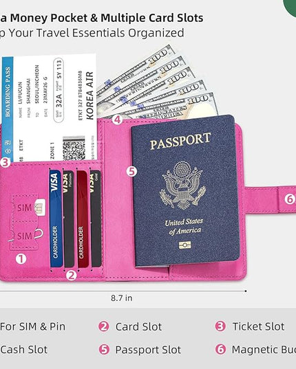 Passport Holder for Travel Family with Slot for AirTag & Luggage Tag Cover, – RFID Blocking Passport Wallet for Women & Girl | PU Leather Passport Cover Case with Money Pocket – Pink