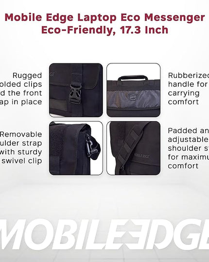 Mobile Edge ECO Laptop Messenger Bag for Men and Women, Fits Up To 17.3 Inch Laptops, Travel Work Computer Bag, Cotton Canvas, Padded Pockets, Black