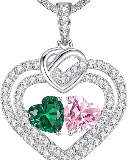 LOUISA SECRET Sparkling Double Heart Birthstone Necklaces for Women, 925 Sterling Silver Fine Jewelry, Pendant Heart Necklaces Birthday Anniversary Christmas Gift for Women Wife Mom Girlfriend Lady