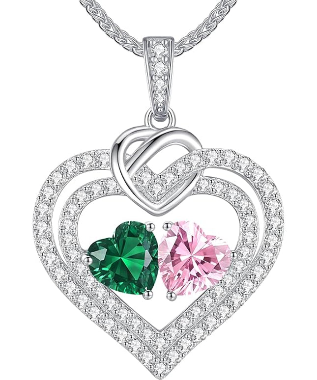 LOUISA SECRET Sparkling Double Heart Birthstone Necklaces for Women, 925 Sterling Silver Fine Jewelry, Pendant Heart Necklaces Birthday Anniversary Christmas Gift for Women Wife Mom Girlfriend Lady