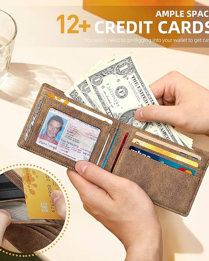 RUNBOX Wallet for Men Slim 11 Credit Card Holder Slots Leather RFID Blocking Small Thin Men's Wallet Bifold Minimalist Front Pocket Large Capacity Gift Box