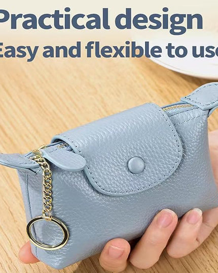 Plinvo Vintage Genuine Leather Coin Purse Keychain for Women Mini Zip Wallet Change Pouch Black (Blue)