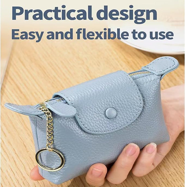 Plinvo Vintage Genuine Leather Coin Purse Keychain for Women Mini Zip Wallet Change Pouch Black (Blue)