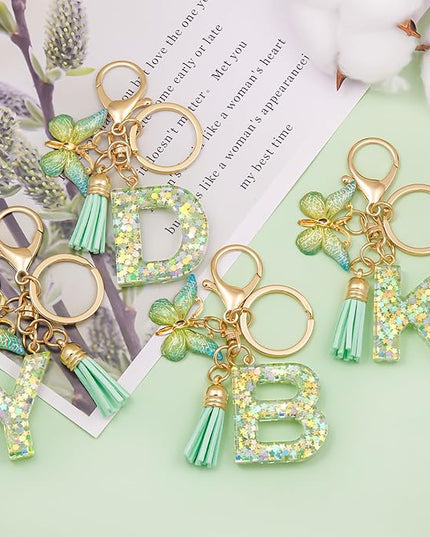 Fashion Alphabet Initial Letter Keychain Tassel Butterfly Pendant Key Ring for Purse Handbags Women Girl