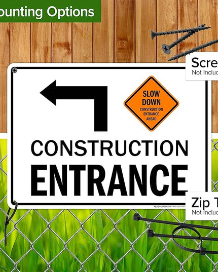Slow Down Construction Entrance Ahead With Left Arrow Sign, 10x14 Inches, 55 mil thick HDPS (high density polystyrene), Made in USA by My Sign Center