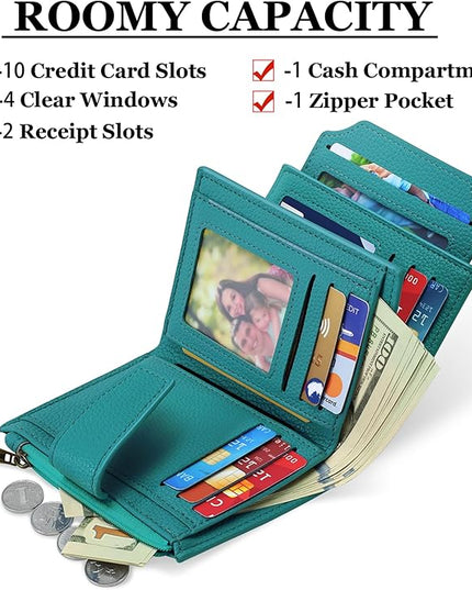 Airkit Small Wallet Women RFID Blocking Leather Bifold Compact Card Holder Wallet for Women with Zipper Coin Pocket 4 ID Window