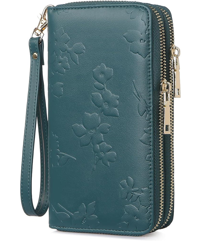 yiijay Womens Wallet RFID Blocking Large Capacity Leather Double Zip Wristlet Wallet Credit Card Phone Passport Holder for Travel Ladies Clutch Purse
