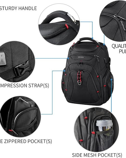 KROSER Travel Laptop Backpack 17.3 Inch XL Computer Backpack with Hard Shell Saferoom RFID Pockets Water-Repellent Business College Daypack Stylish Bag for Men/Women-Black