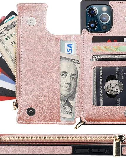 Bocasal Crossbody Wallet Case for iPhone 12 Pro Max with Card Holder,Zipper Card Slot Protector Shockproof Purse Cover with Removable Cross Body Strap 6.7 Inch(Rose Gold)
