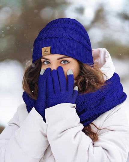 Winter Beanie Hat Scarf Gloves, Warm Fleece Knit Hats Touch Screen Gloves Neck Scarf Set Winter Gifts for Unisex Adult