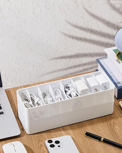Tatuo 2 Pcs Cable Organizer with 20 Wire Ties, Plastic Cord Storage Charger Electronics Box with Adjustment Compartments for Drawer Home Office Desk Accessories (White)