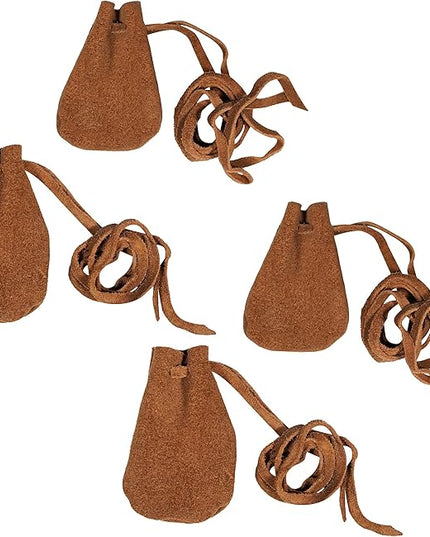 Mythrojan Small Trinket Pouches Suede Leather Drawstring Coin & Dice Bags for LARP, SCA, Viking & Medieval Events (Brown - Pack of 4)