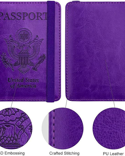 WALNEW Passport Holder for Travel, RFID Passport Cover Wallet for Women Men, PU Leather Passport Book Card Holder Case with Pen (Elastic Band Closure, A-Purple)