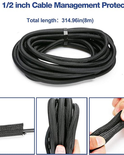 JOTO 1 Pack Cable Management Sleeve, 26 Feet Cord Organizer System with Zipper for TV Computer Office Home Entertainment, Flexible Cable Sleeve Wrap Cover Wire Hider System -Black