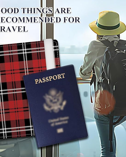Passport Holder for Travel Essentials, RFID Premium Leather Passport Wallet Cover Case for Travel Must Haves Accessories, Passport Book Holders for Women Men Luxury Red Plaid