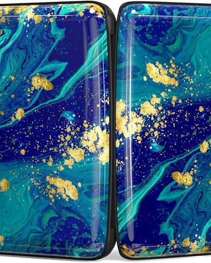 Atufsuat Credit Card Holder, Mini Aluminum Card Wallet RFID Blocking Slim Metal Hard Card Case for Women Men, Blue Green Marbling
