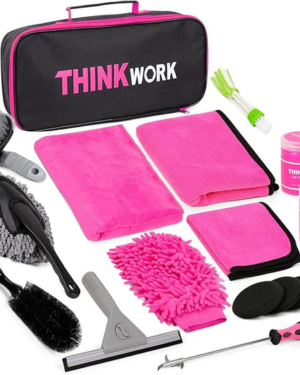 THINKWORK Pink Car Detailing Cleaning Kit, Car Wash Kit, Car Accessories for Women Suitable for Small and Medium Vehicles Such As Cars, Trucks, Suvs(17pcs)