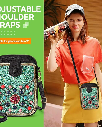 Women's Small Crossbody Cell Phone Bag, Boho Colorful Beaded Purse Wallet with Handmade Cute Patterns
