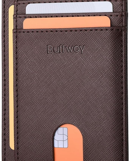 Buffway Slim Minimalist Front Pocket RFID Blocking Leather Wallets for Men and Women - Cross Coffee
