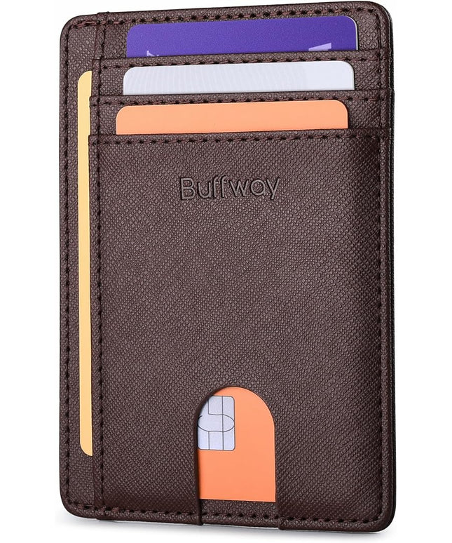 Buffway Slim Minimalist Front Pocket RFID Blocking Leather Wallets for Men and Women - Cross Coffee