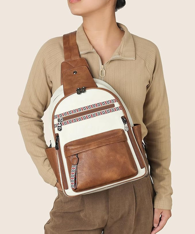 FADEON Large Sling Bag for Women, Leather Crossbody Purse Designer Anti Theft Sling Backpack, RFID Fanny Packs for Travel